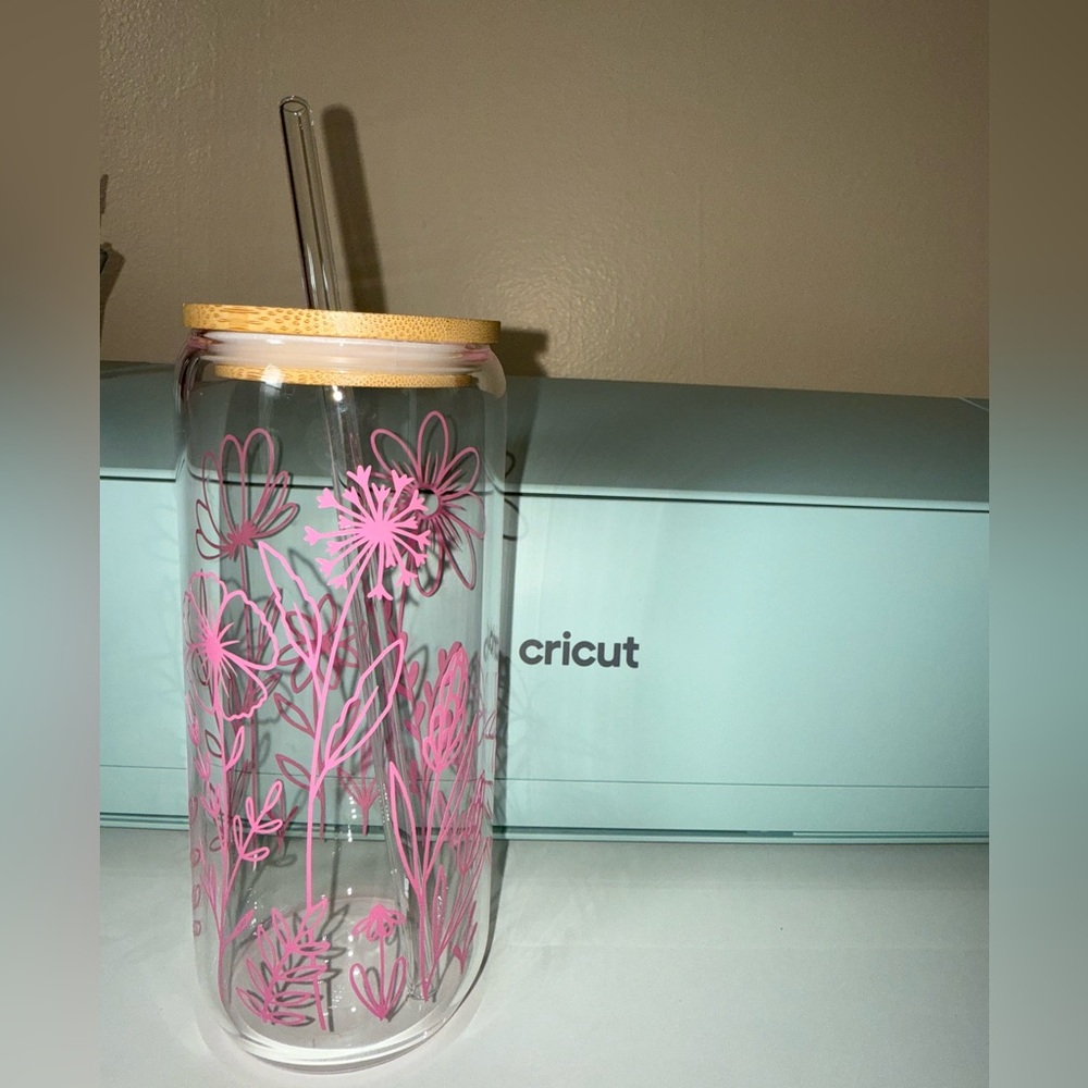 Floral Glass Tumbler with Straw